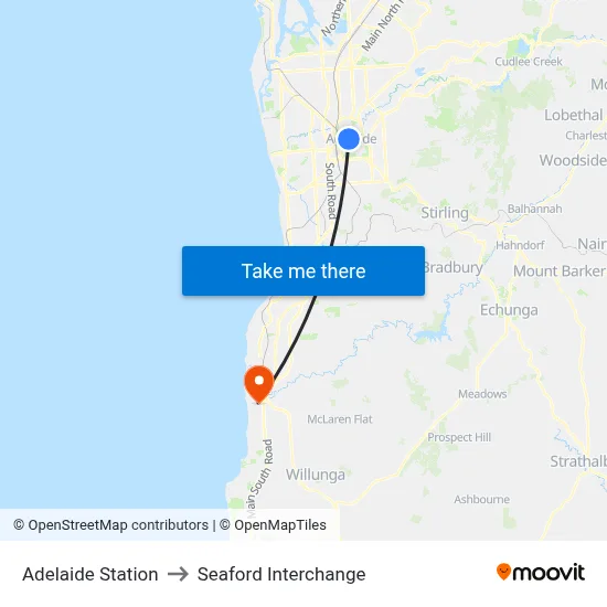 Adelaide Station to Seaford Interchange map
