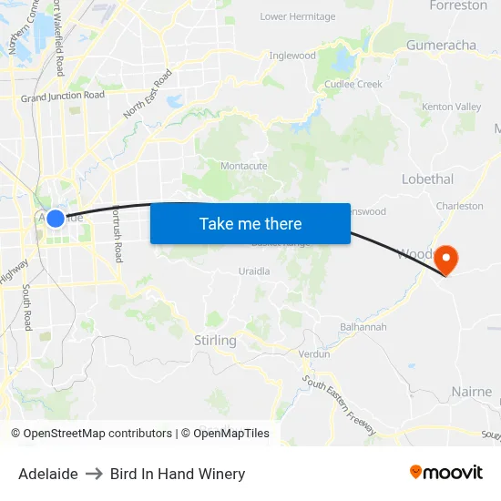 Adelaide to Bird In Hand Winery map
