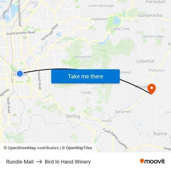 Rundle Mall to Bird In Hand Winery map