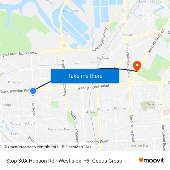 Stop 30A Hanson Rd - West side to Gepps Cross map