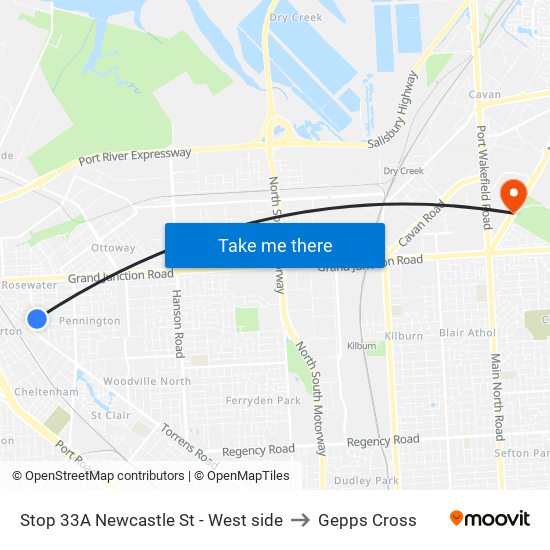 Stop 33A Newcastle St - West side to Gepps Cross map