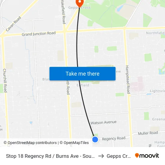 Stop 18 Regency Rd / Burns Ave - South side to Gepps Cross map