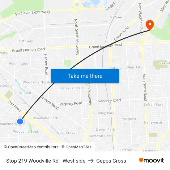 Stop 219 Woodville Rd - West side to Gepps Cross map