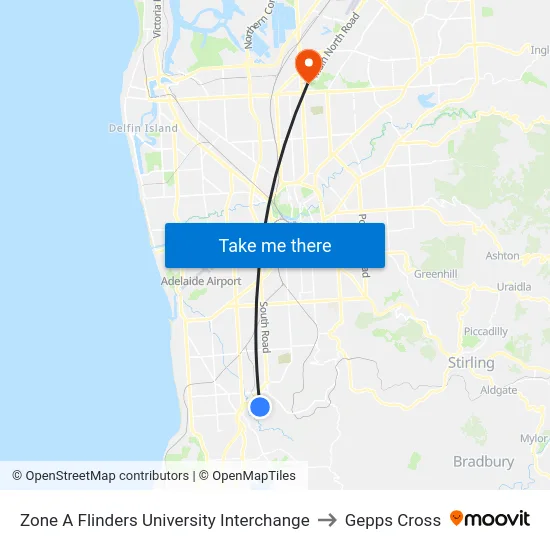 Zone A Flinders University Interchange to Gepps Cross map