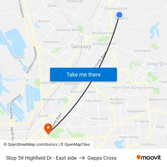 Stop 59 Highfield Dr - East side to Gepps Cross map