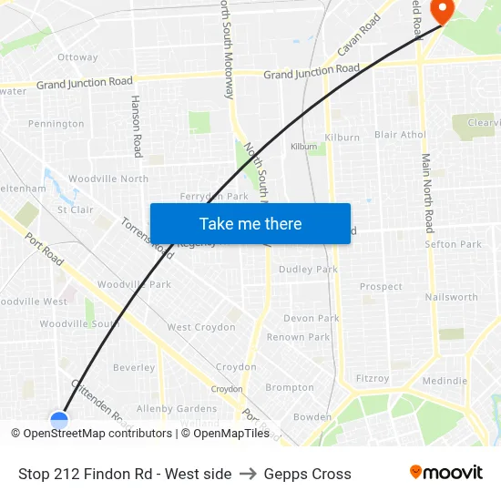 Stop 212 Findon Rd - West side to Gepps Cross map