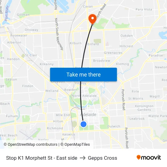 Stop K1 Morphett St - East side to Gepps Cross map