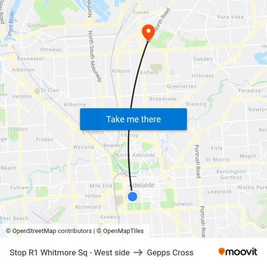 Stop R1 Whitmore Sq - West side to Gepps Cross map