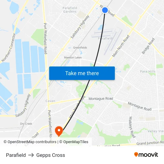 Parafield to Gepps Cross map