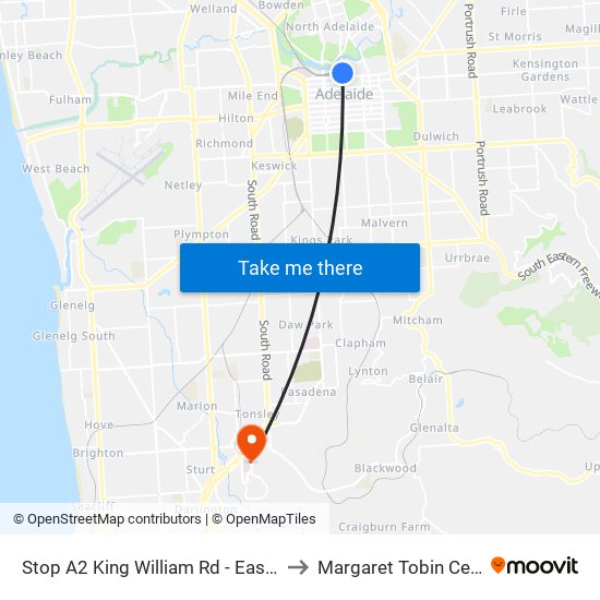 Stop A2 King William Rd - East side to Margaret Tobin Centre map