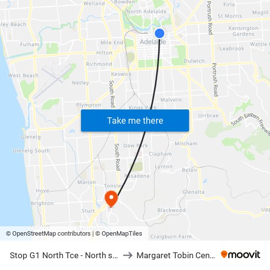 Stop G1 North Tce - North side to Margaret Tobin Centre map