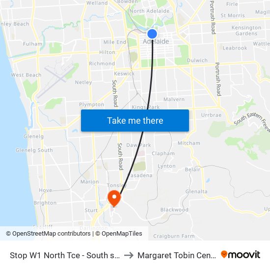 Stop W1 North Tce - South side to Margaret Tobin Centre map