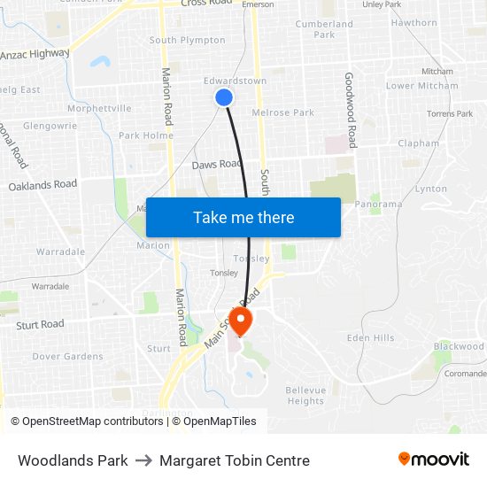 Woodlands Park to Margaret Tobin Centre map