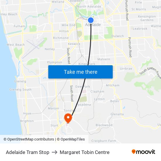 Adelaide Tram Stop to Margaret Tobin Centre map