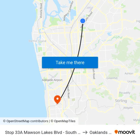Stop 33A Mawson Lakes Blvd - South West side to Oaklands Park map