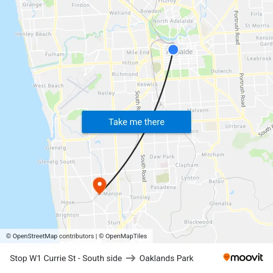 Stop W1 Currie St - South side to Oaklands Park map