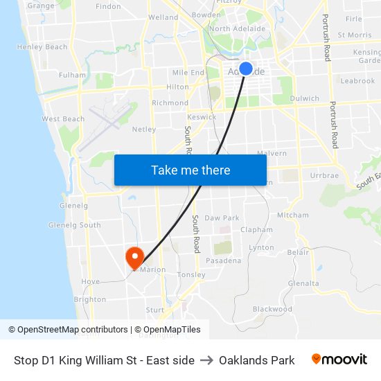 Stop D1 King William St - East side to Oaklands Park map