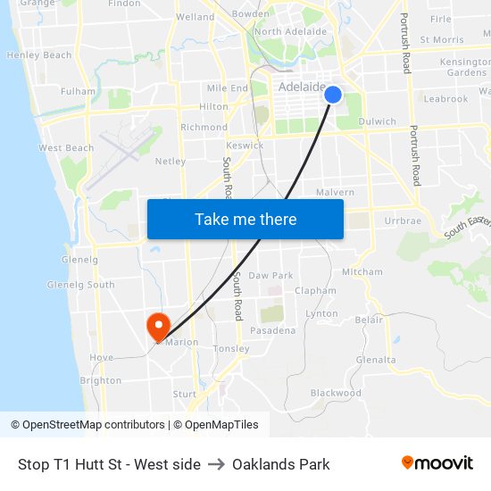 Stop T1 Hutt St - West side to Oaklands Park map