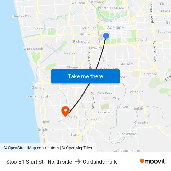 Stop B1 Sturt St - North side to Oaklands Park map