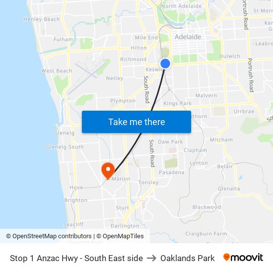 Stop 1 Anzac Hwy - South East side to Oaklands Park map