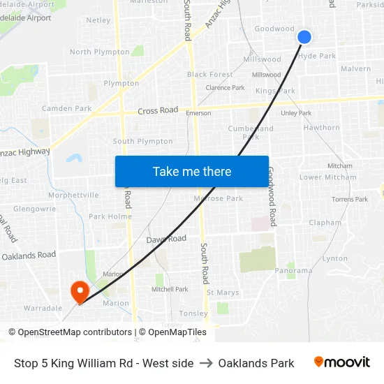 Stop 5 King William Rd - West side to Oaklands Park map