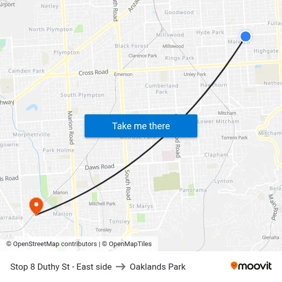Stop 8 Duthy St - East side to Oaklands Park map