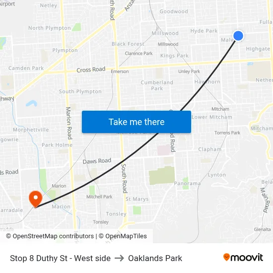 Stop 8 Duthy St - West side to Oaklands Park map
