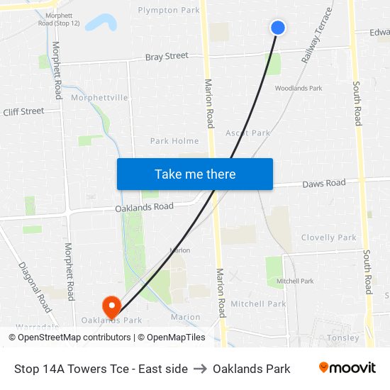 Stop 14A Towers Tce - East side to Oaklands Park map