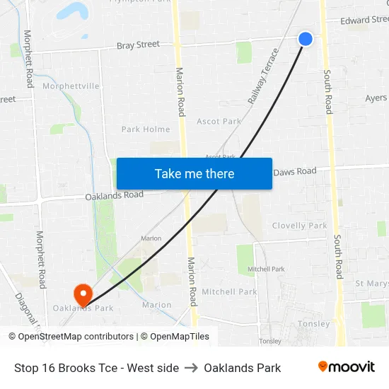 Stop 16 Brooks Tce - West side to Oaklands Park map