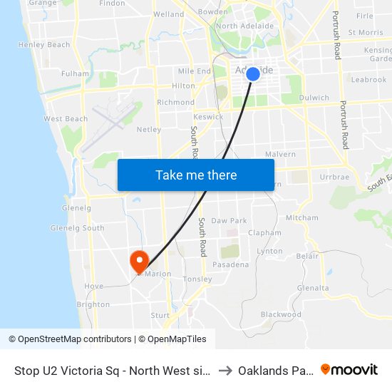 Stop U2 Victoria Sq - North West side to Oaklands Park map