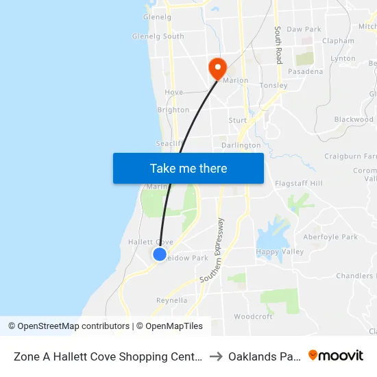 Zone A Hallett Cove Shopping Centre to Oaklands Park map