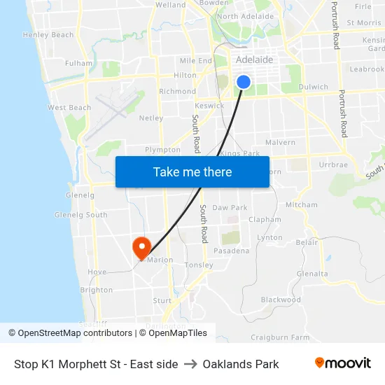 Stop K1 Morphett St - East side to Oaklands Park map