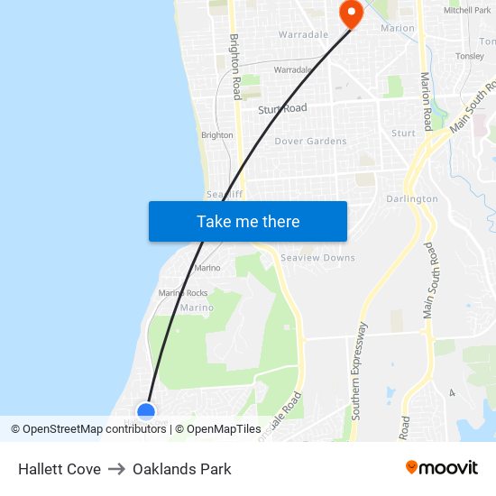 Hallett Cove to Oaklands Park map