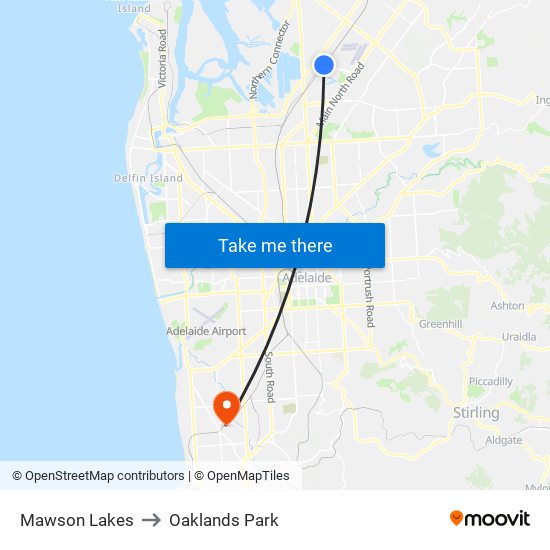 Mawson Lakes to Oaklands Park map