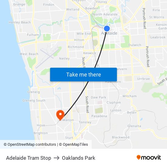 Adelaide Tram Stop to Oaklands Park map