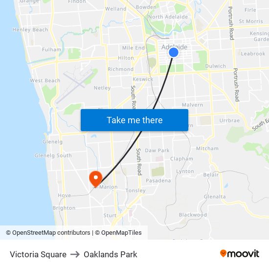 Victoria Square to Oaklands Park map