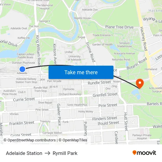 Adelaide Station to Rymill Park map