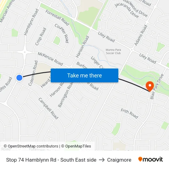 Stop 74 Hamblynn Rd - South East side to Craigmore map
