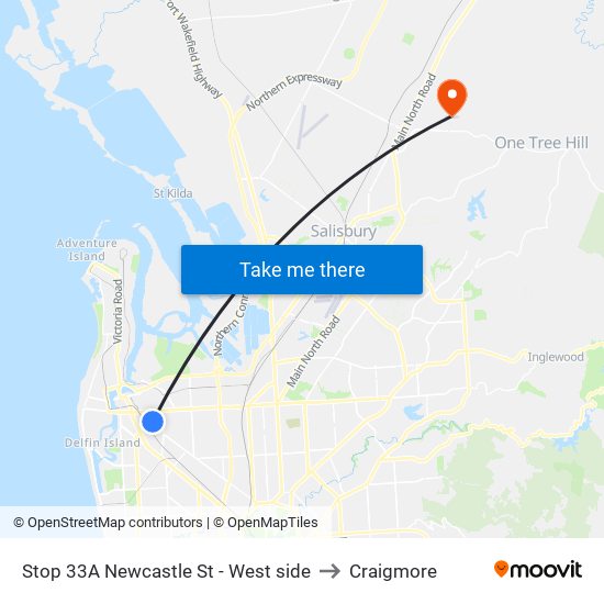 Stop 33A Newcastle St - West side to Craigmore map