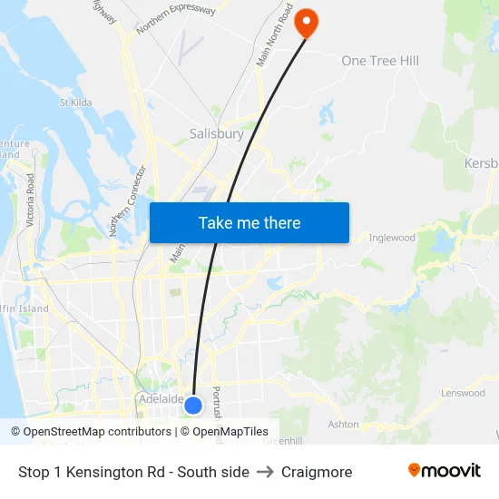 Stop 1 Kensington Rd - South side to Craigmore map