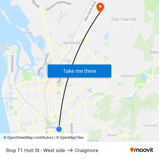 Stop T1 Hutt St - West side to Craigmore map