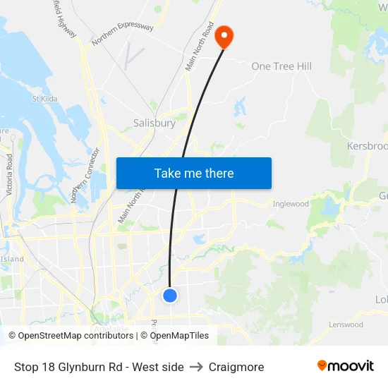 Stop 18 Glynburn Rd - West side to Craigmore map