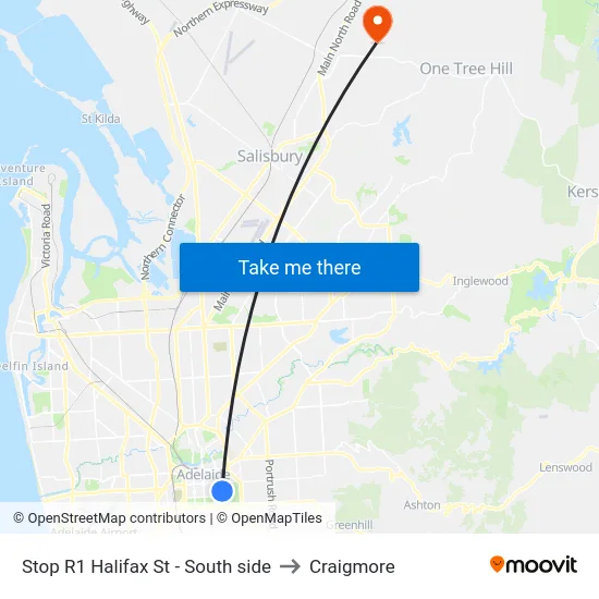 Stop R1 Halifax St - South side to Craigmore map