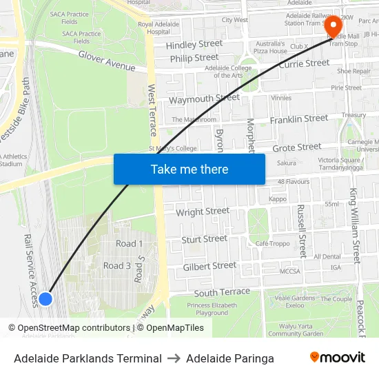 Adelaide Parklands Terminal to Adelaide Paringa map