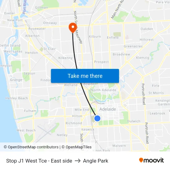 Stop J1 West Tce - East side to Angle Park map