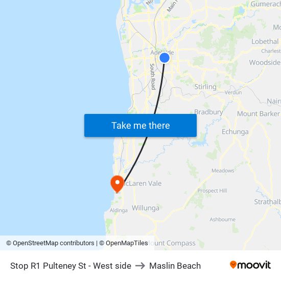 Stop R1 Pulteney St - West side to Maslin Beach map