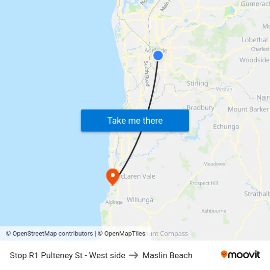 Stop R1 Pulteney St - West side to Maslin Beach map