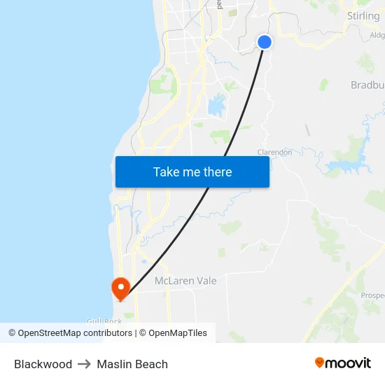 Blackwood to Maslin Beach map