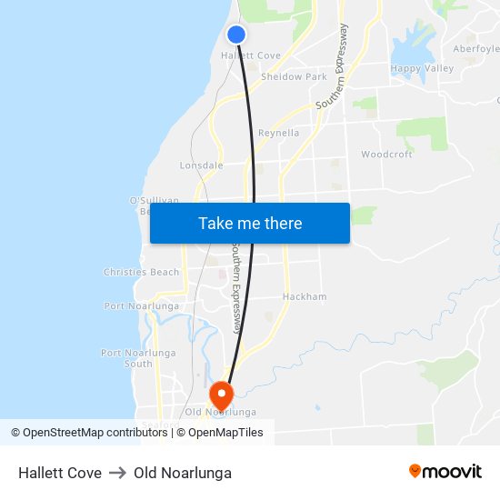 Hallett Cove to Old Noarlunga map
