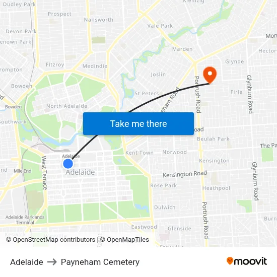 Adelaide to Payneham Cemetery map
